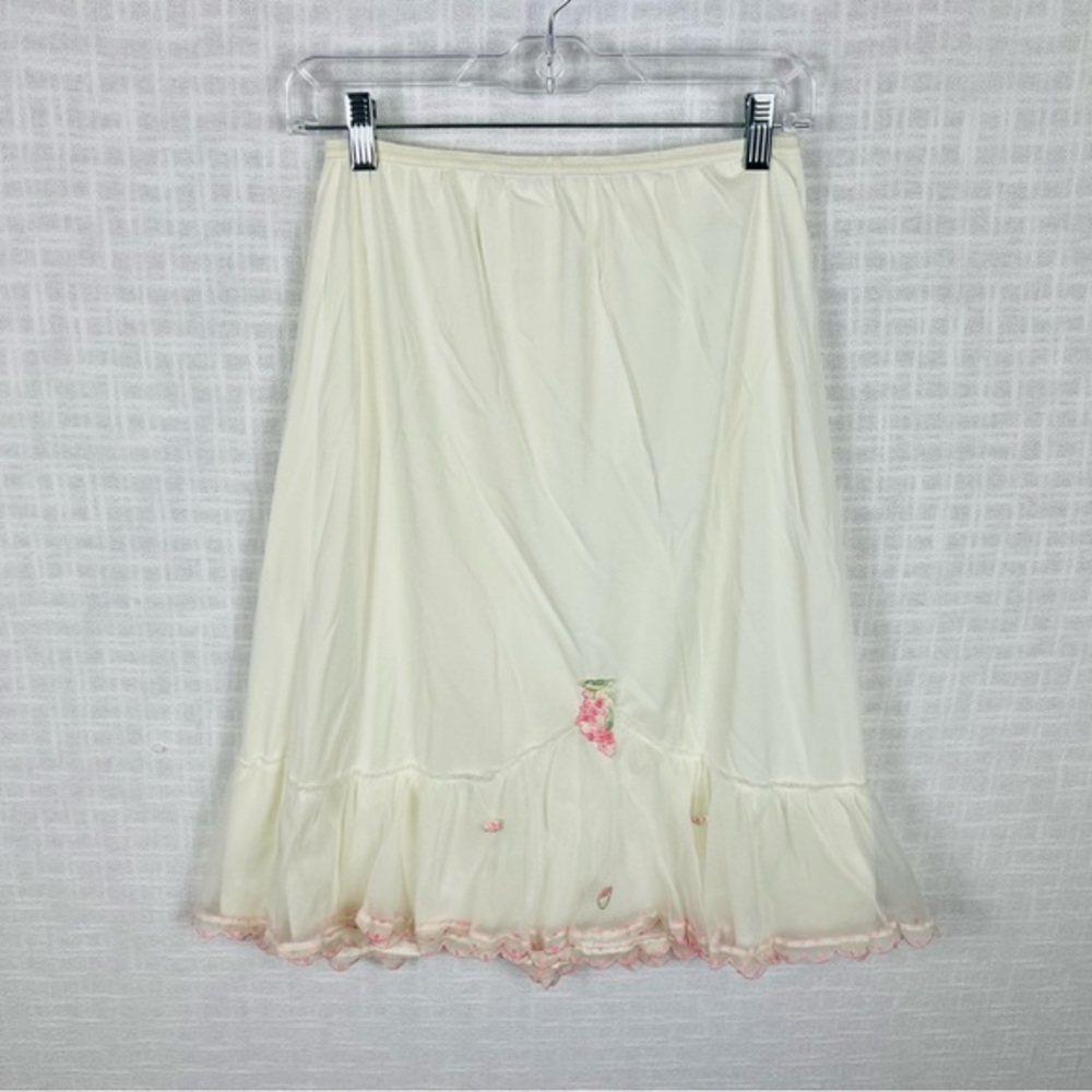 Vintage White Skirt Slip With Pink Floral Embroidery